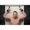 Black leather wrist cuffs with silver metal buckles designed for over the door restraint use
