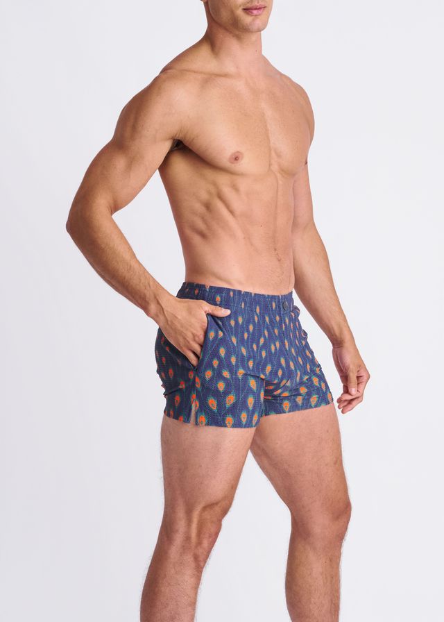 PEACOCK FEATHERS SEERSUCKER SWIM SHORTS W/ MESH LINING - DealByEthan.gay loves POSTMARC