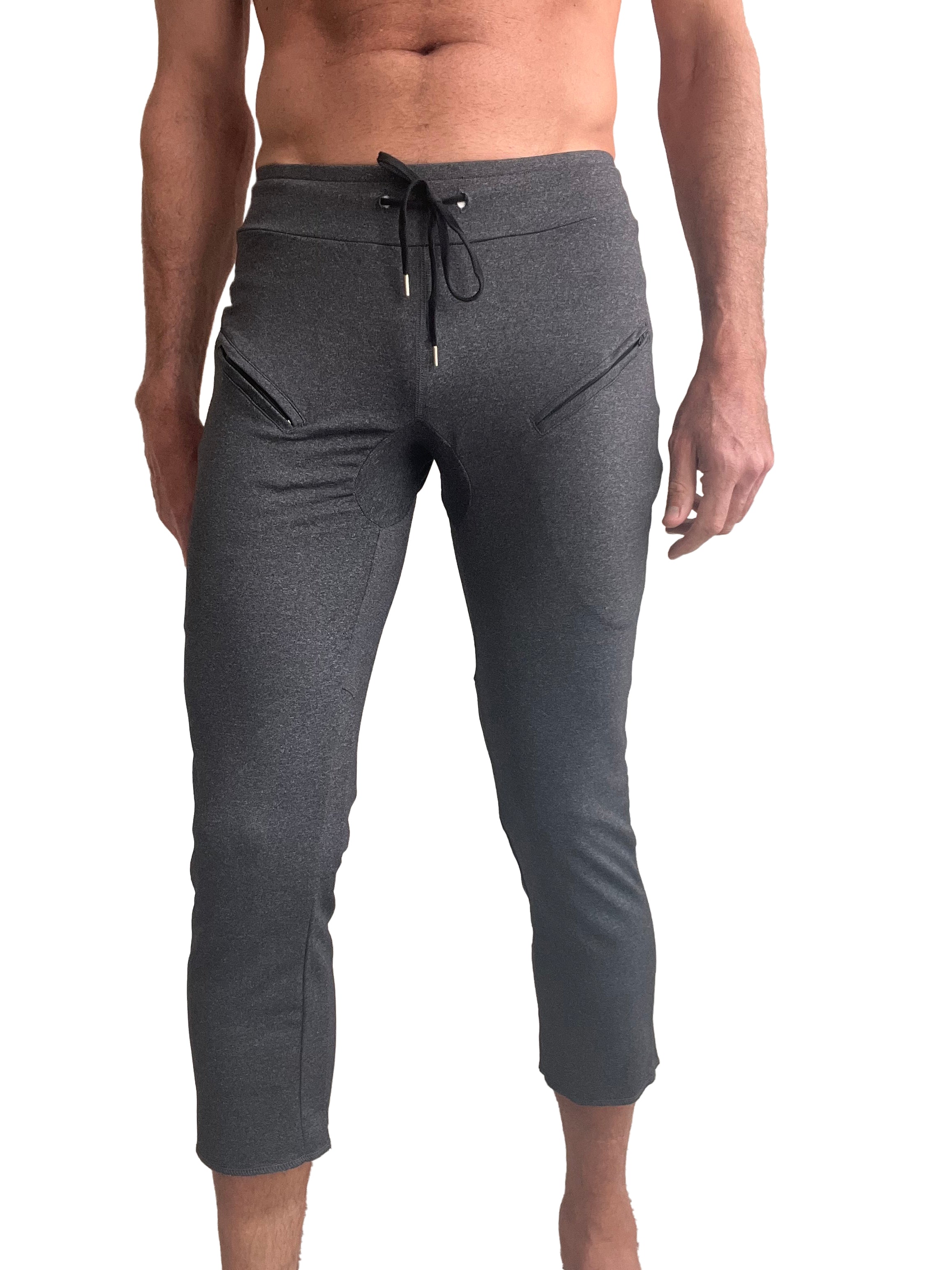 Performance premium mens charcoal heather capri yoga pants with gray heathered jogger style and black drawstring waistband