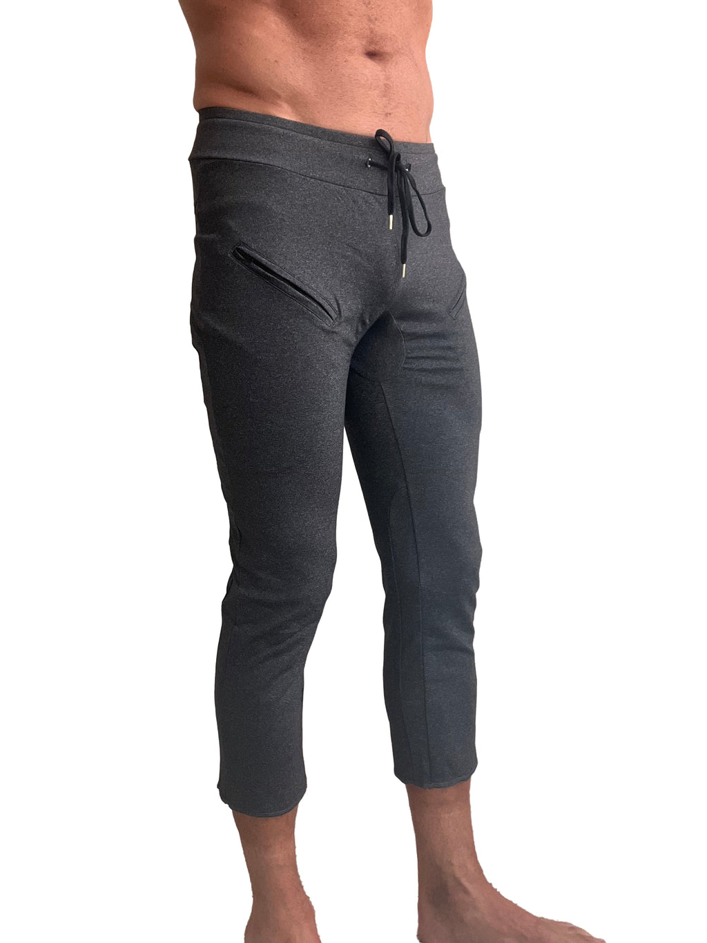 Performance premium mens charcoal heather capri yoga pants with black drawstring waistband and side pockets