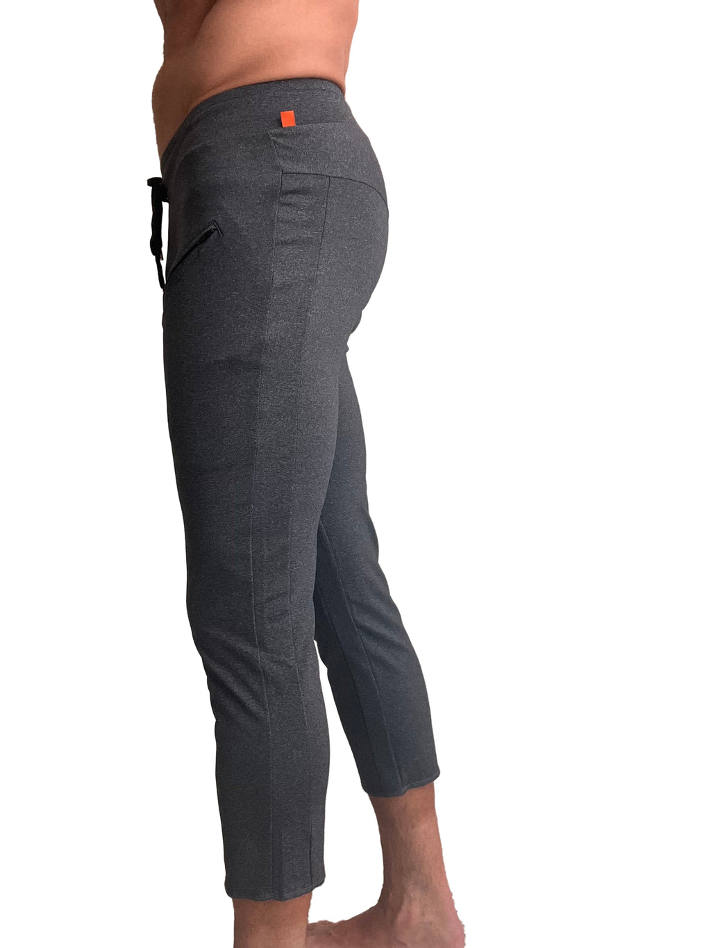Performance premium mens charcoal heather capri yoga pants with textured fabric orange tag and side zip pocket
