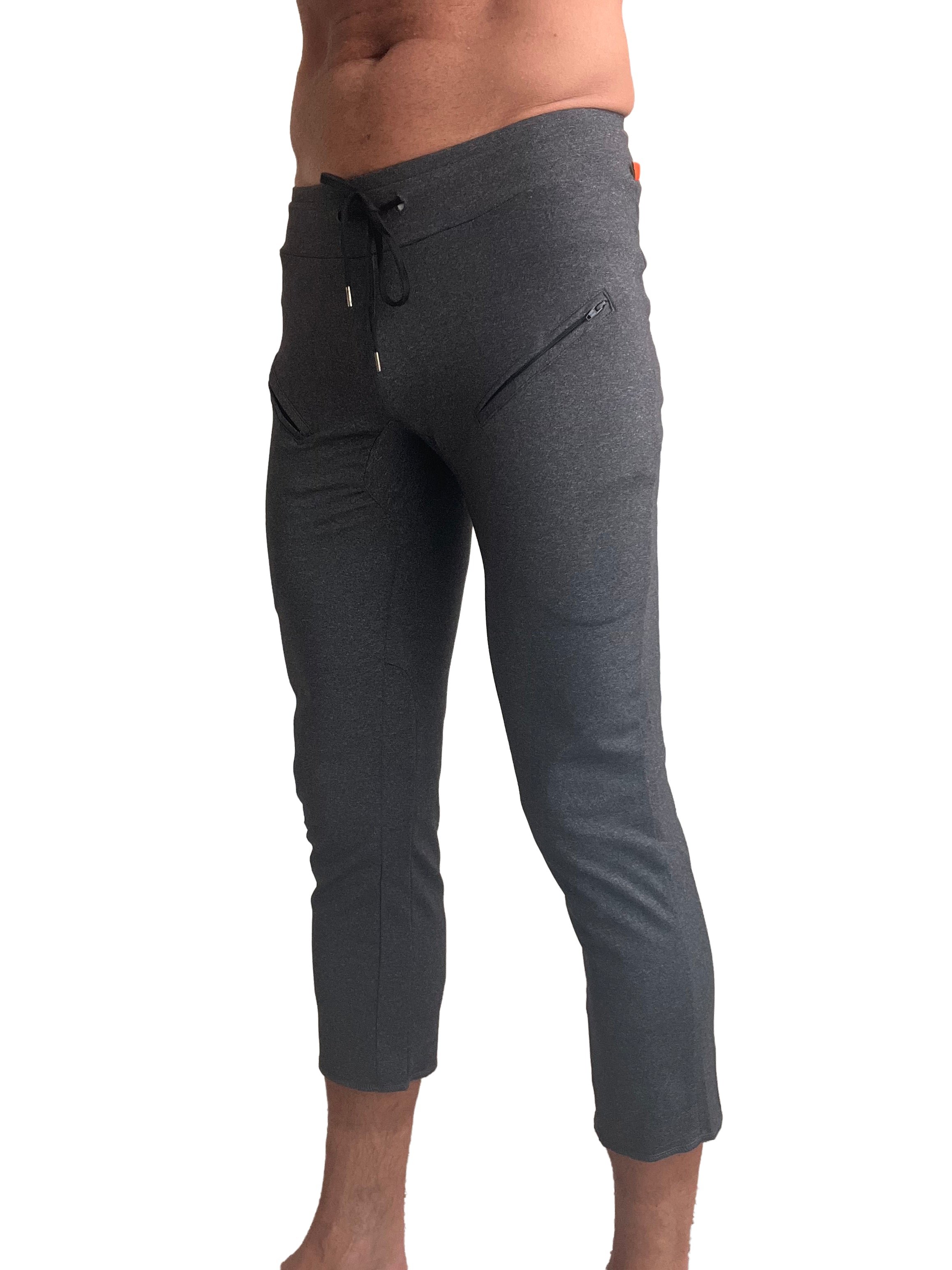 Performance premium mens charcoal heathered jogger pants with drawstring waist and zippered side pockets