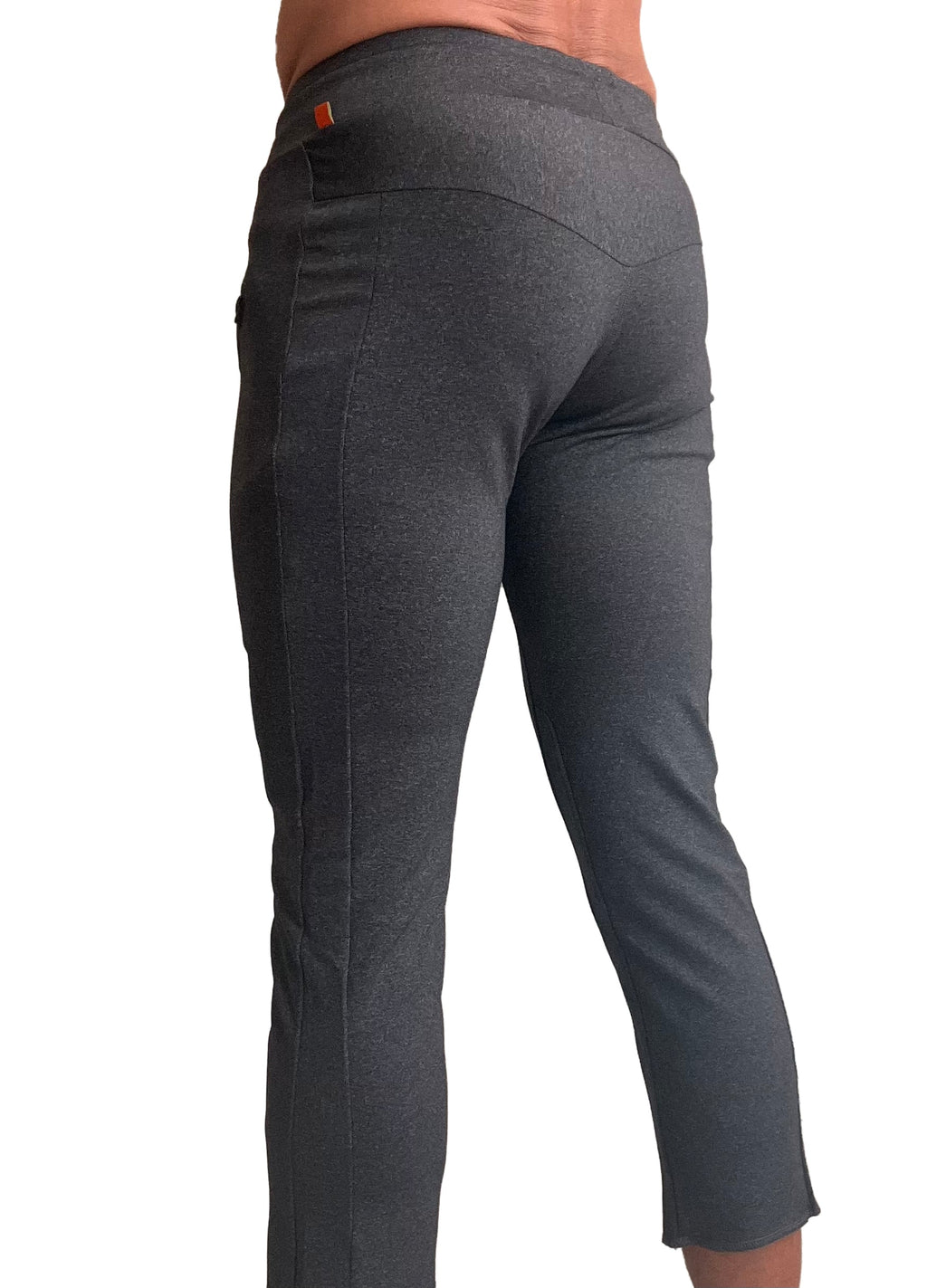 Performance premium mens charcoal heather snug fit fabric leggings with an orange brand tag at the waistband