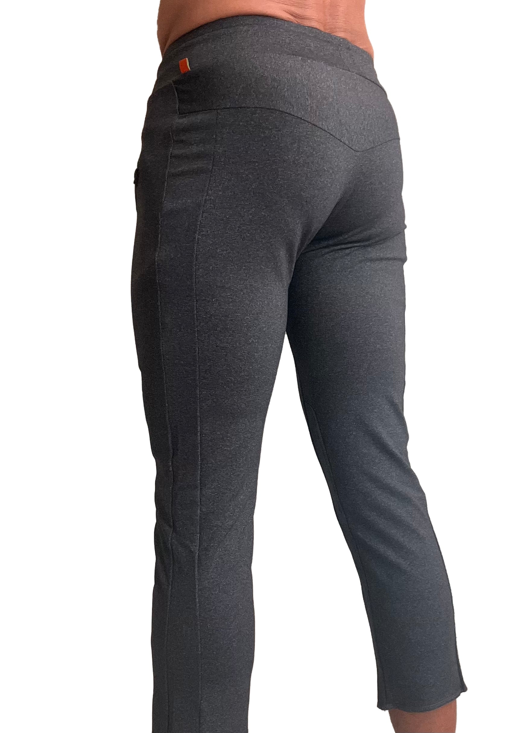 Performance premium mens charcoal heather snug fit fabric leggings with an orange brand tag at the waistband