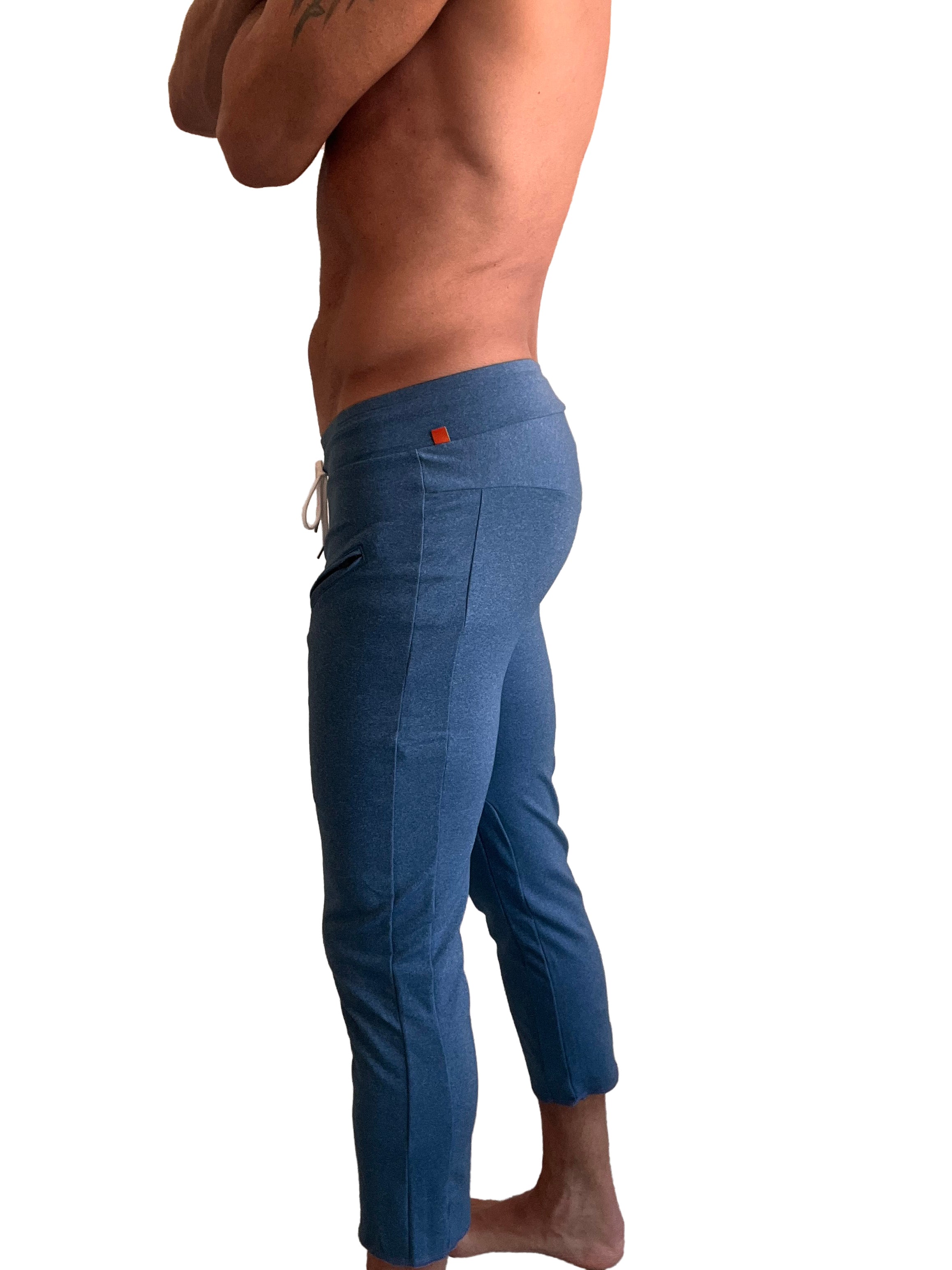 Performance premium mens coral blue heather capri yoga pants with drawstring waistband and subtle side pockets
