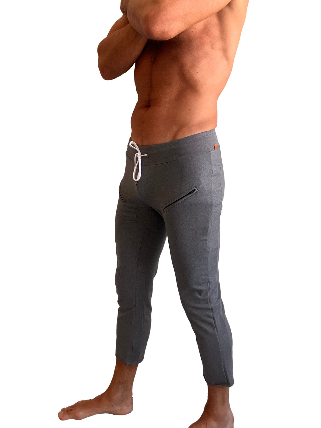 Performance premium mens dark grey heather athletic joggers with white drawstring waistband and subtle side pockets