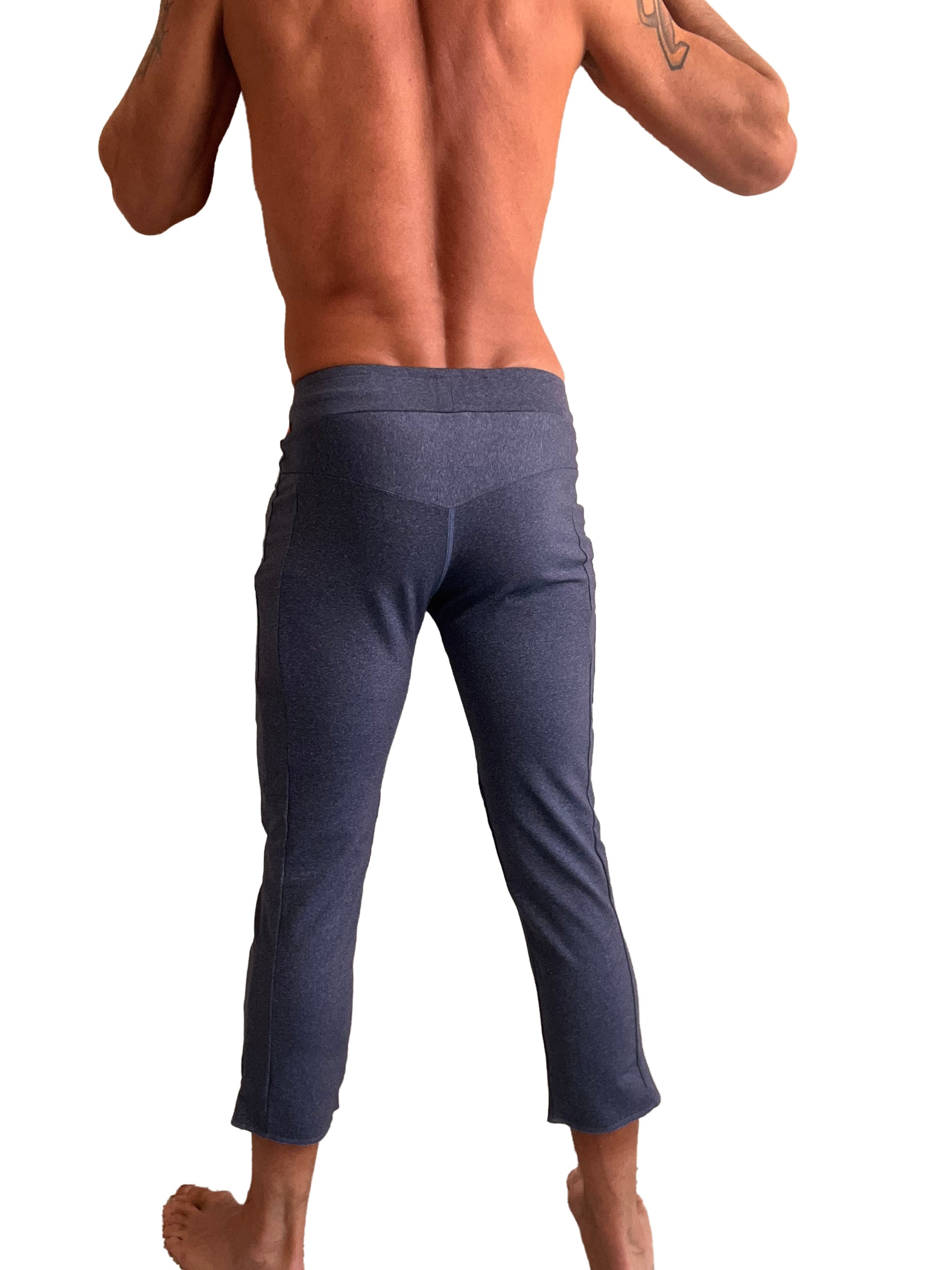Performance premium mens navy blue heather capri yoga pants with high waistband and tapered legs in stretchy fabric