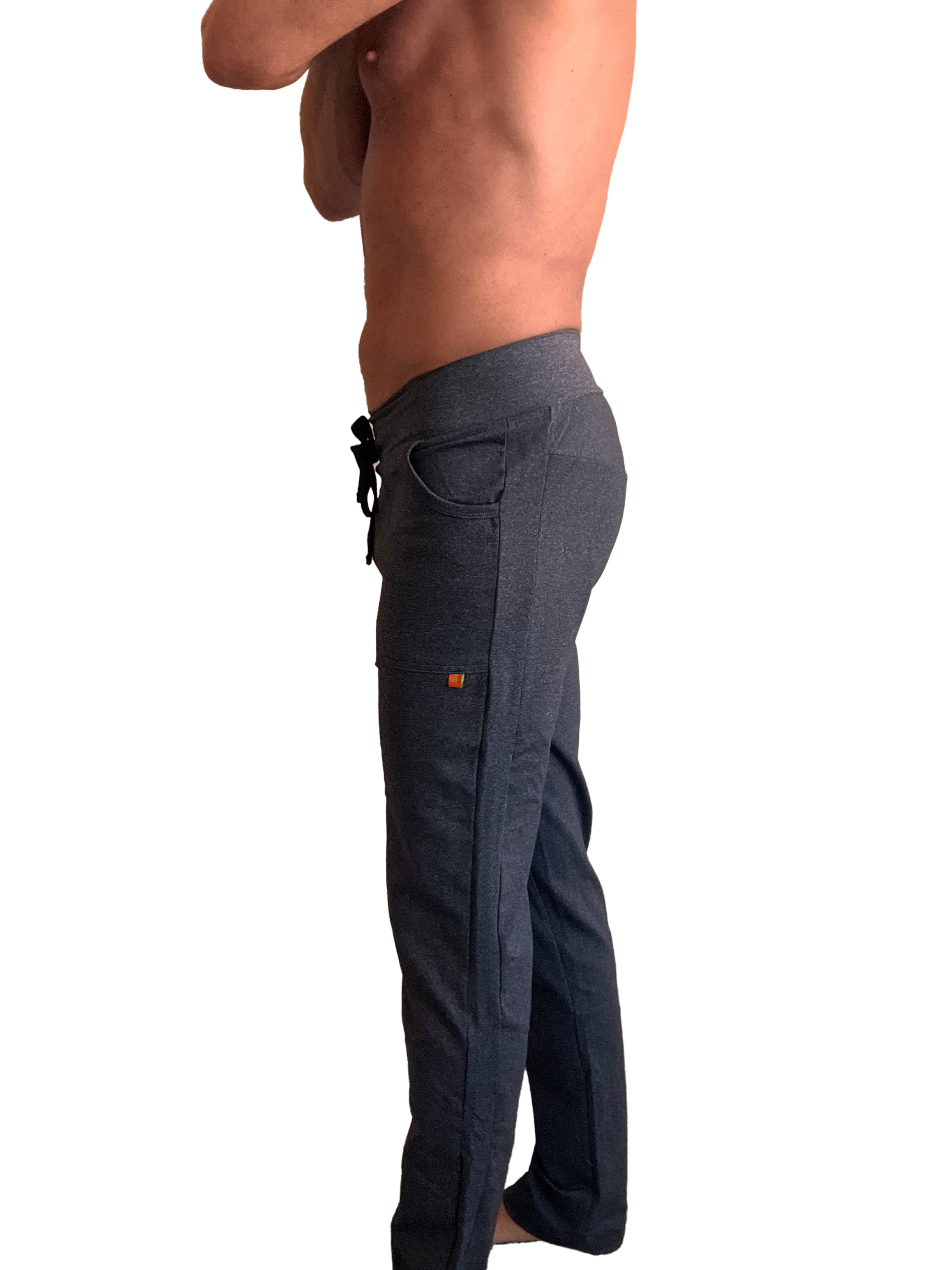 Performance premium charcoal heather track and lounge sweat pant with drawstring waist and side pockets in dark gray textured fabric
