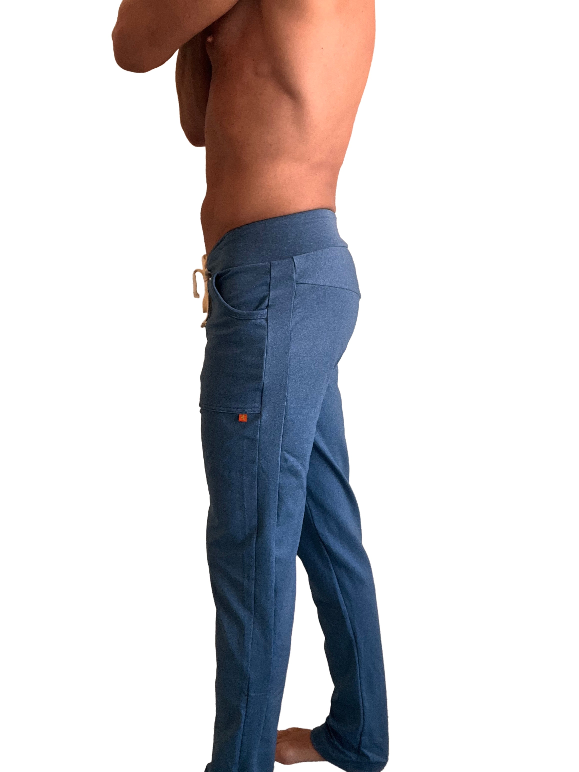 Performance-premium track and lounge sweat pant in coral blue heather with blue denim cargo pants style and orange brand tag