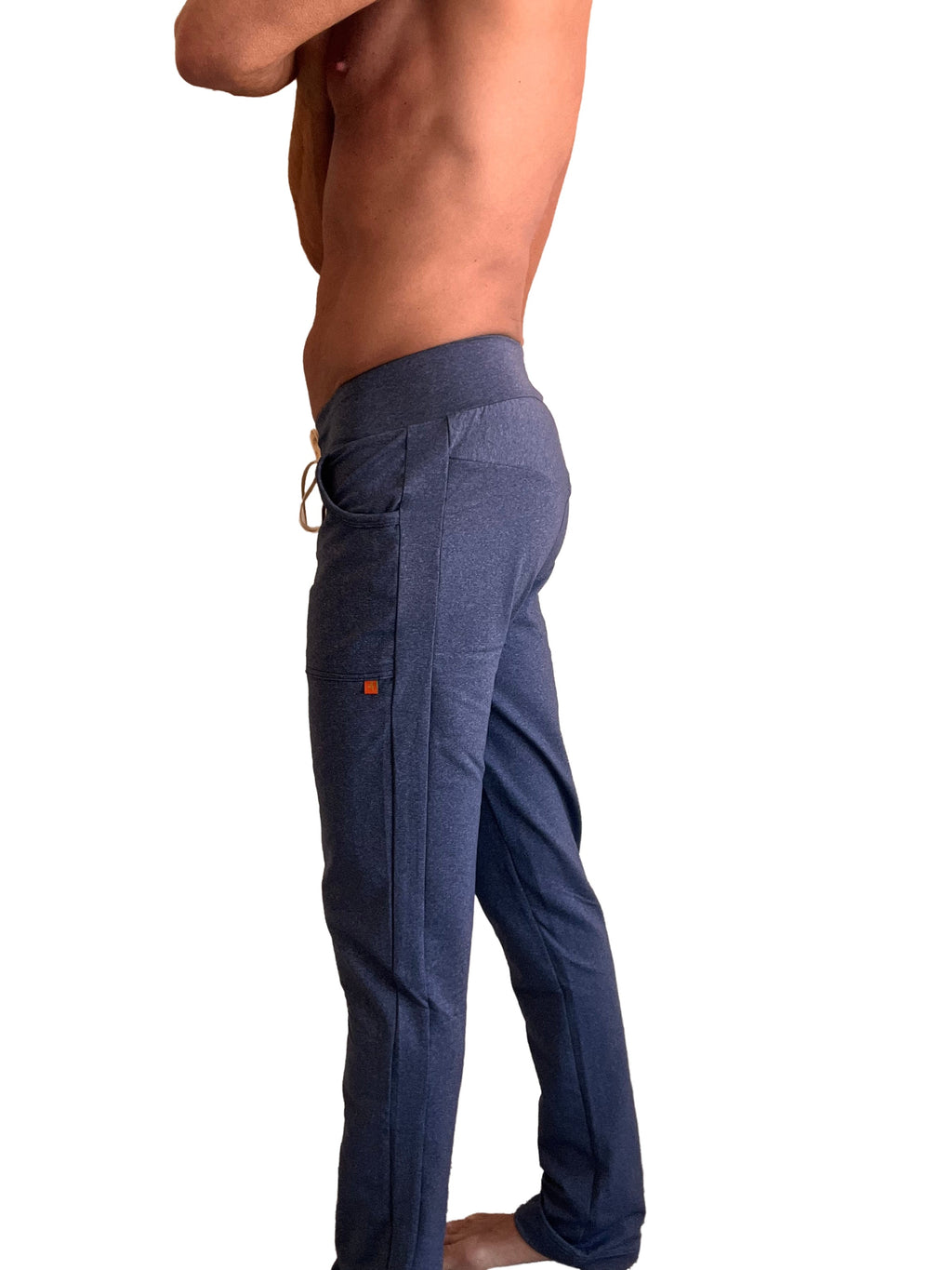 Performance premium navy blue heather yoga pants with stretchy material drawstring waistband and side pockets