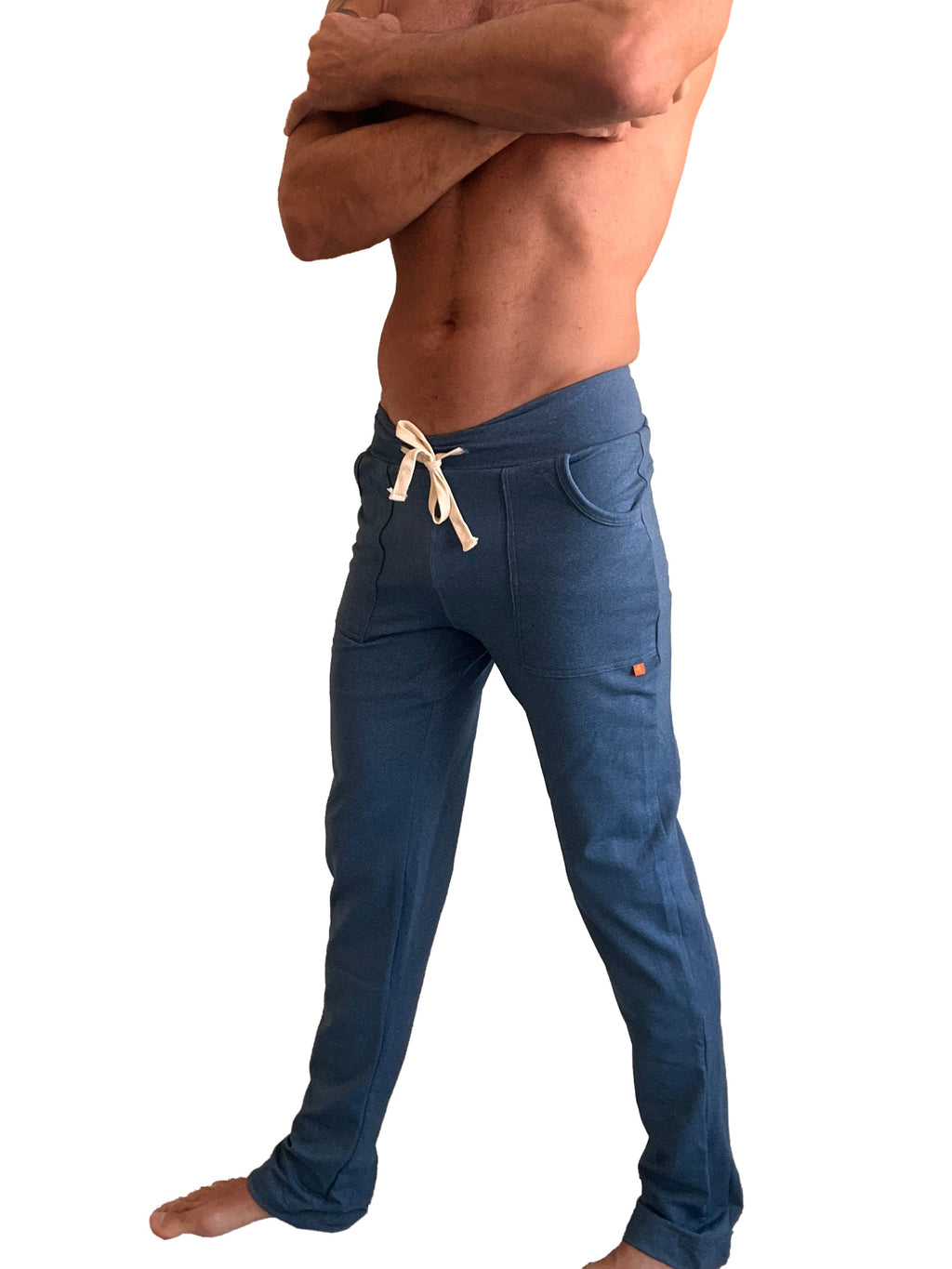 Performance premium long cuffed jogger and yoga sweat pants in coral blue heather with drawstring waist and side pockets
