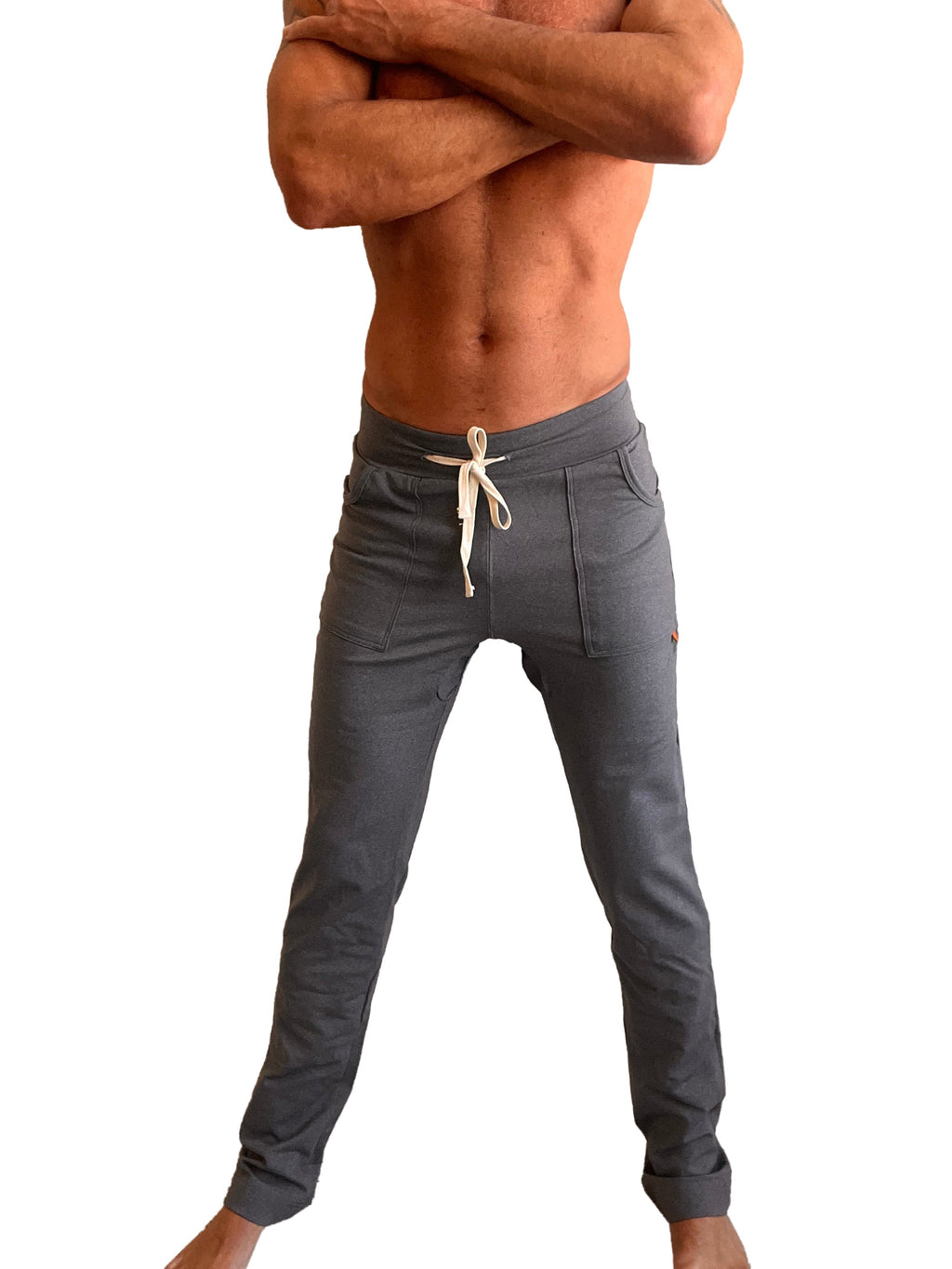 Gray athletic joggers with white drawstring and side pockets from PERFORMANCE premium long cuffed jogger and yoga pants