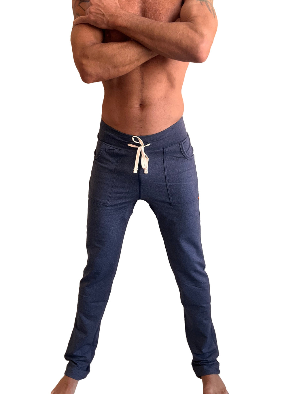 Navy blue heather performance premium long cuffed jogger and yoga sweat pants with white drawstring waistband and front pockets