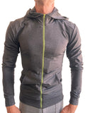 Performance premium form-fit crossover yoga track hoodie in charcoal heather with lime green zipper and front pockets