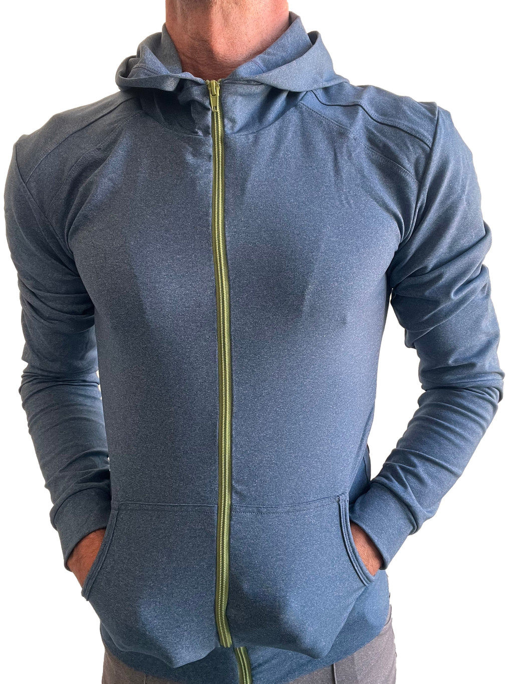 Performance premium form-fit crossover yoga track hoodie in coral blue heather with lime green zipper for active wear
