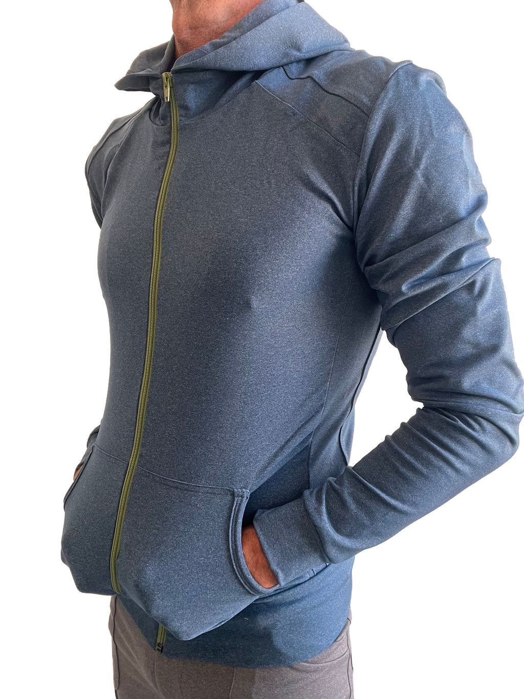Performance premium form-fit crossover yoga track hoodie in coral blue heather with olive green zipper and ribbed cuffs