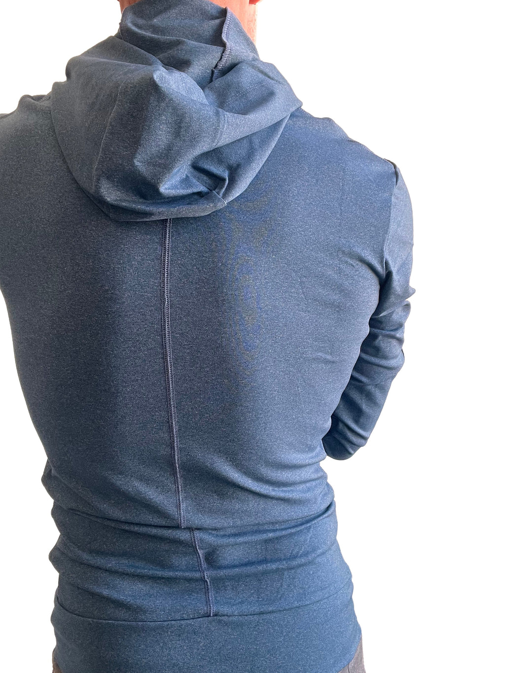 Performance premium form-fit crossover yoga track hoodie in coral blue heather with subtle ribbed texture and long sleeves