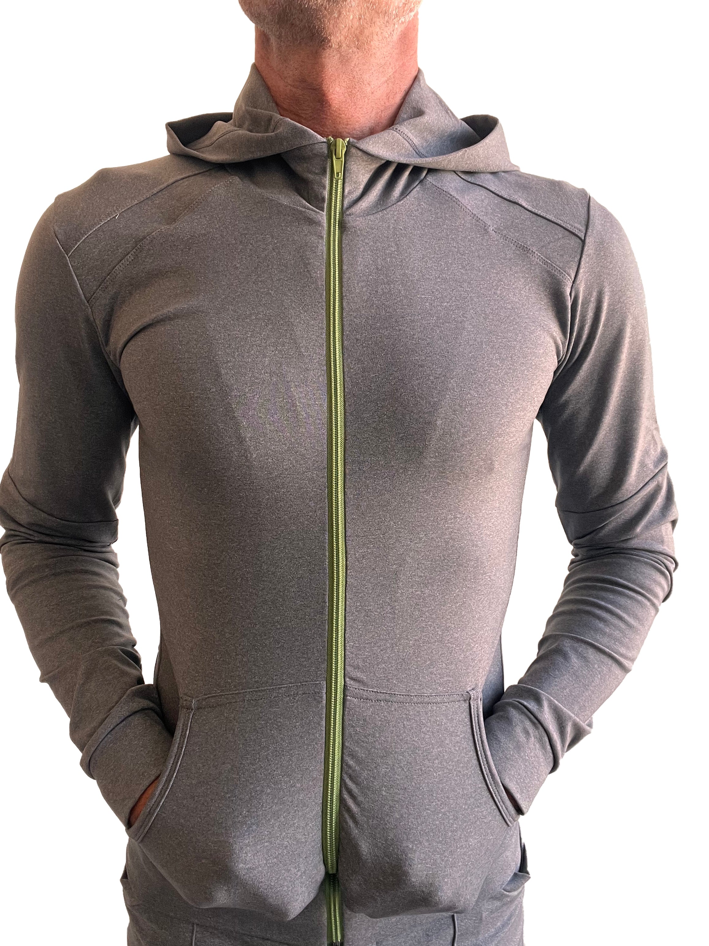 Performance premium form-fit crossover yoga track hoodie in dark gray heather with lime green zipper and front pockets