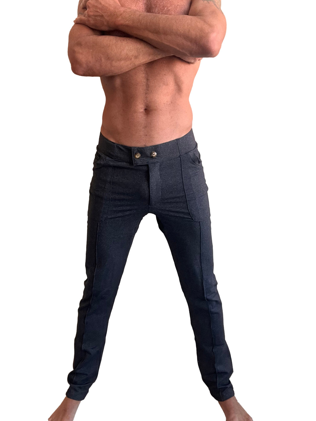 Dark blue denim performance premium tactical urban dress pant with slim-fit design and buttoned fly