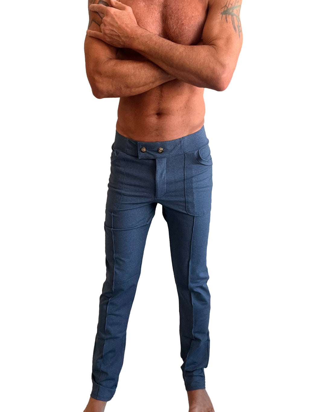 Performance premium tactical urban dress pant in coral blue heather blue denim with tailored fit and multiple pockets