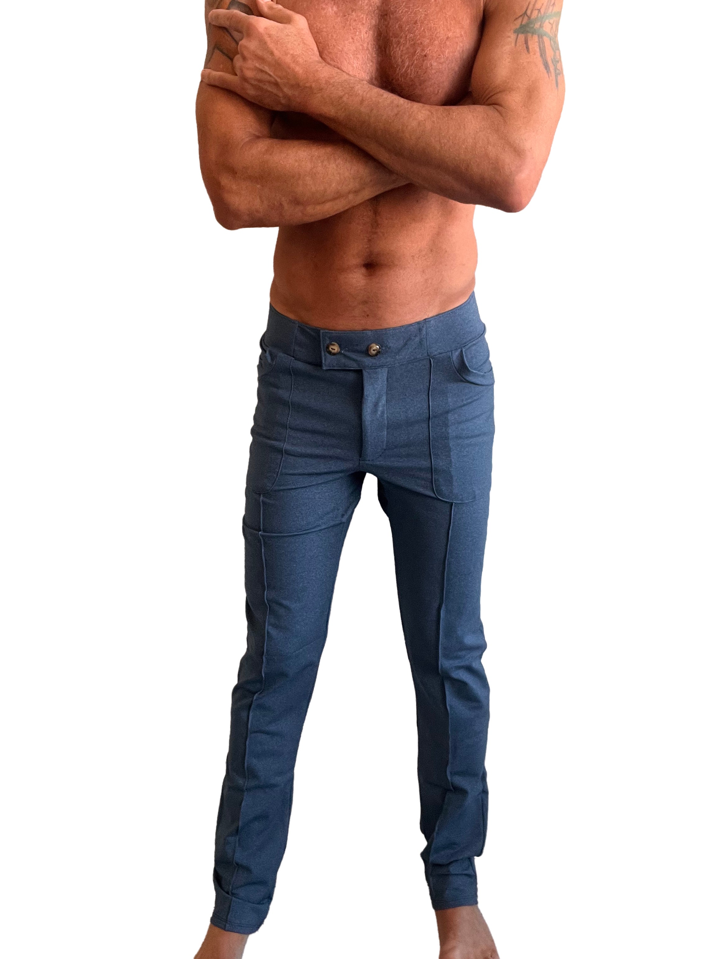 Performance premium tactical urban dress pant in coral blue heather blue denim with tailored fit and multiple pockets