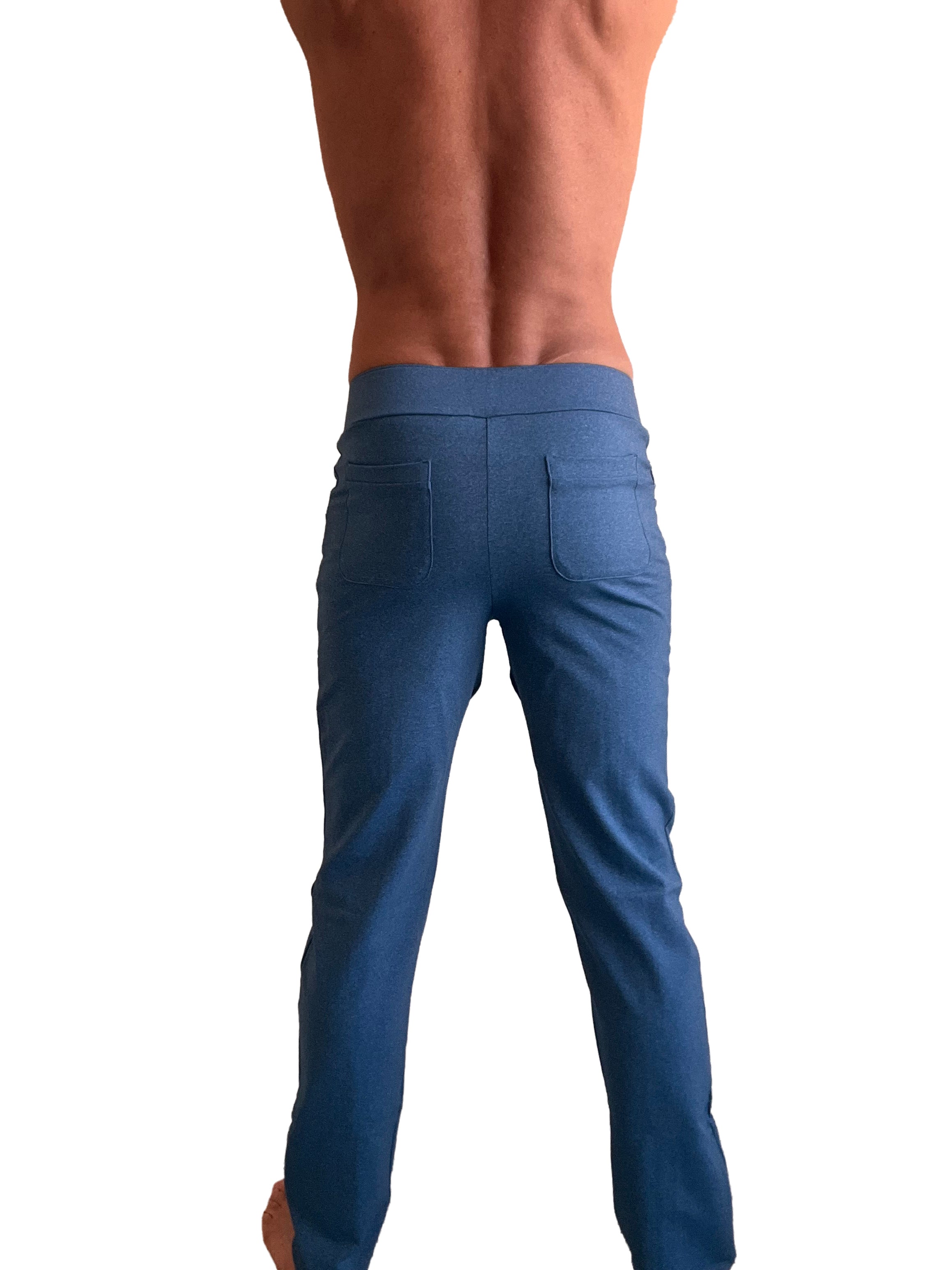 Performance premium coral blue heather tactical urban slim fit denim jeans back view with two rear pockets