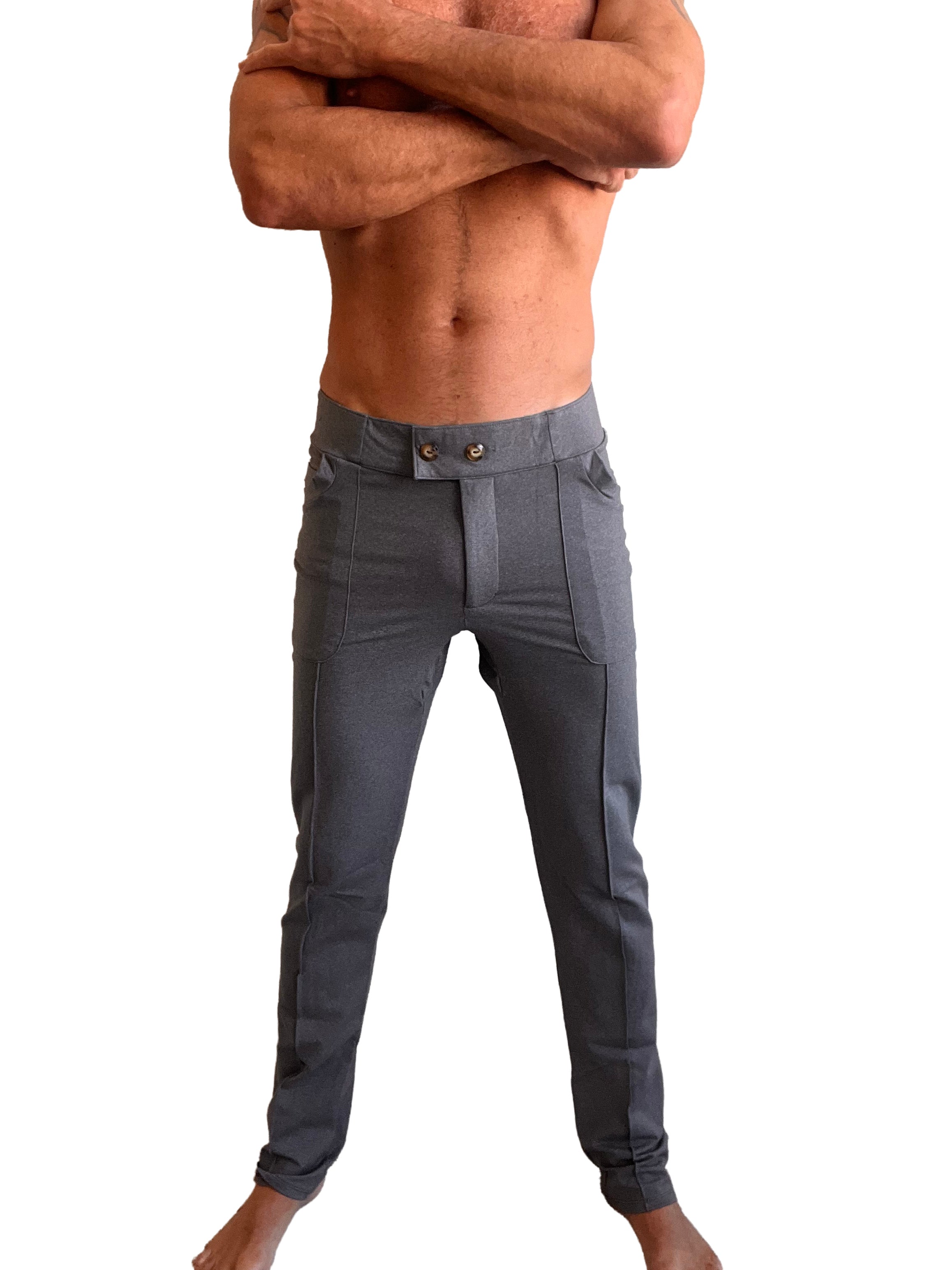 Gray slim-fit performance tactical urban dress pant with buttoned waistband and subtle side pockets in dark grey heather