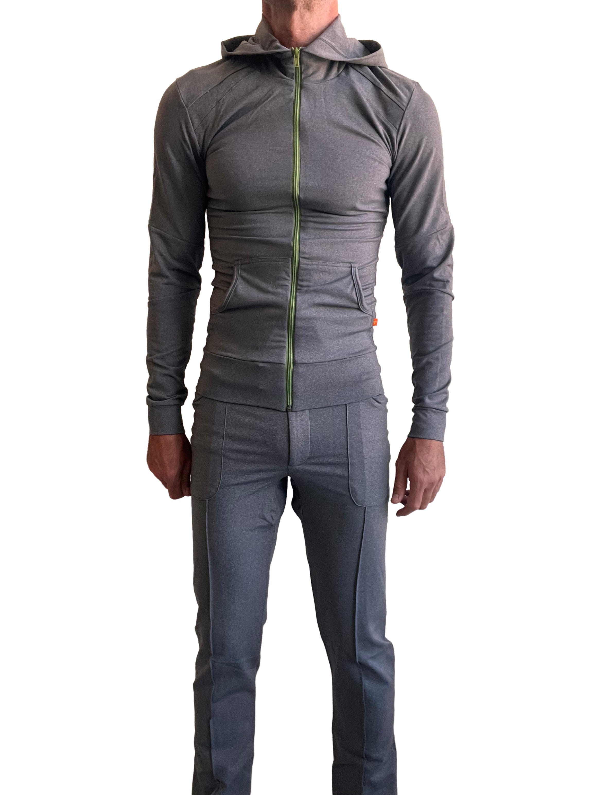 Gray performance hoodie and matching tactical urban dress pant set with lime green zipper accent in dark grey heather