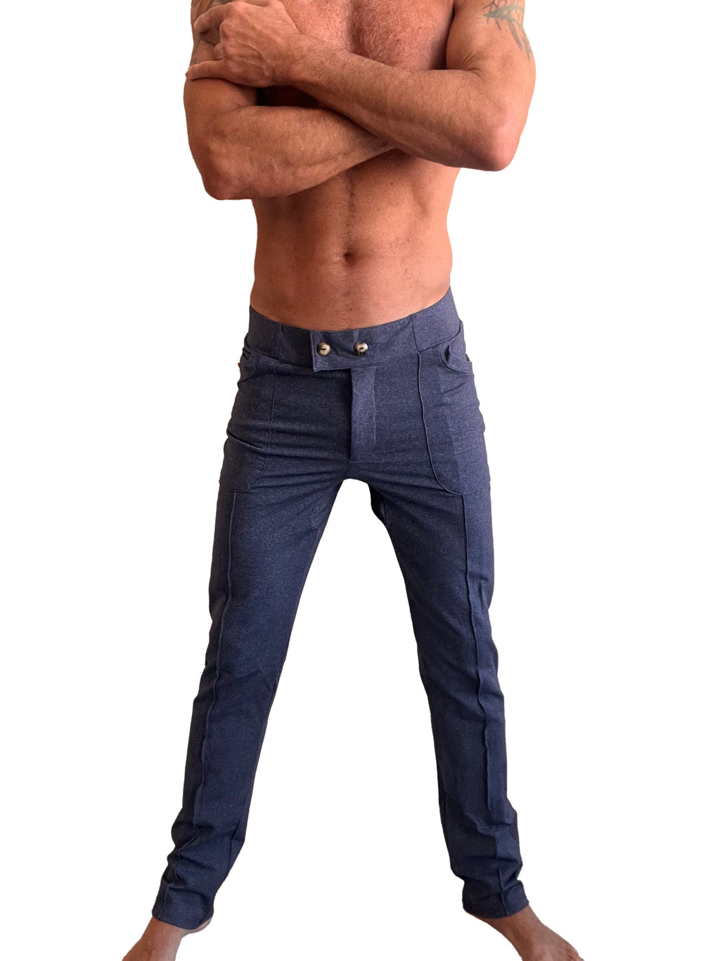 Performance-premium tactical urban dress pant yoga pant in navy blue heather with a dark blue slim-fit modern design