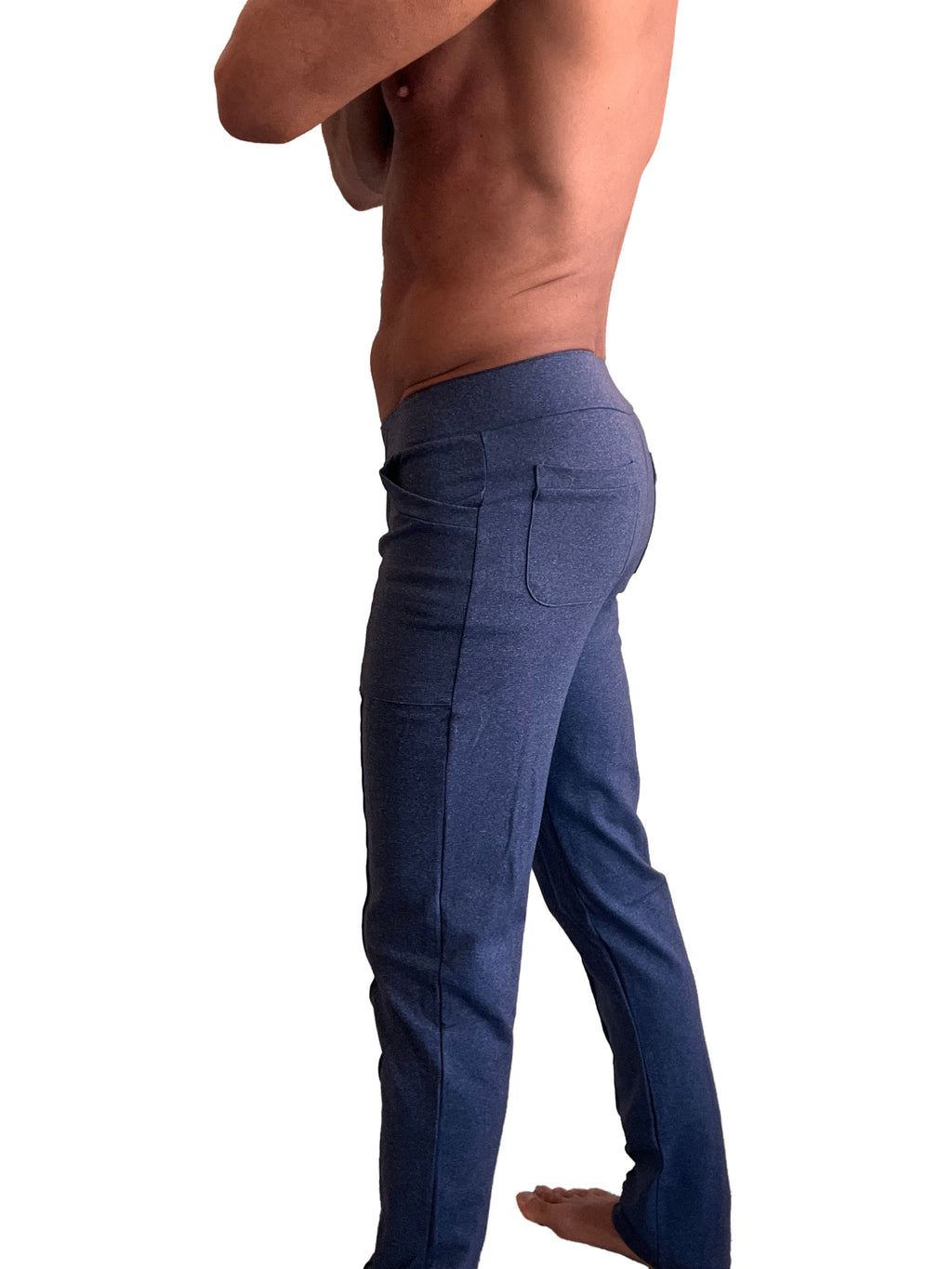 Performance premium tactical urban dress pant yoga pant in navy blue heather with relaxed fit denim and multiple pockets