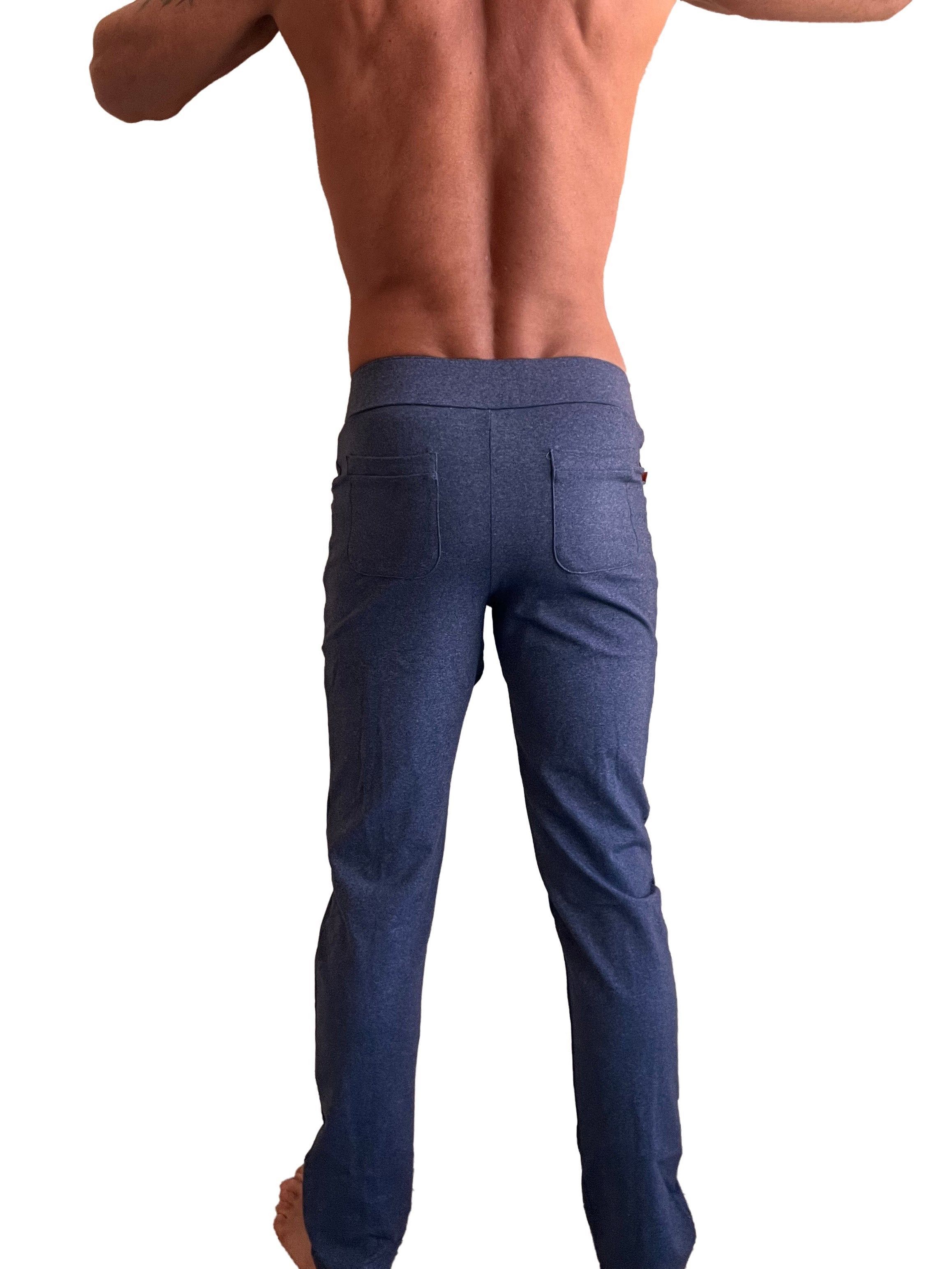 Back side of performance premium tactical urban dress pant yoga pant navy blue heather slim fit blue denim jeans with two pockets
