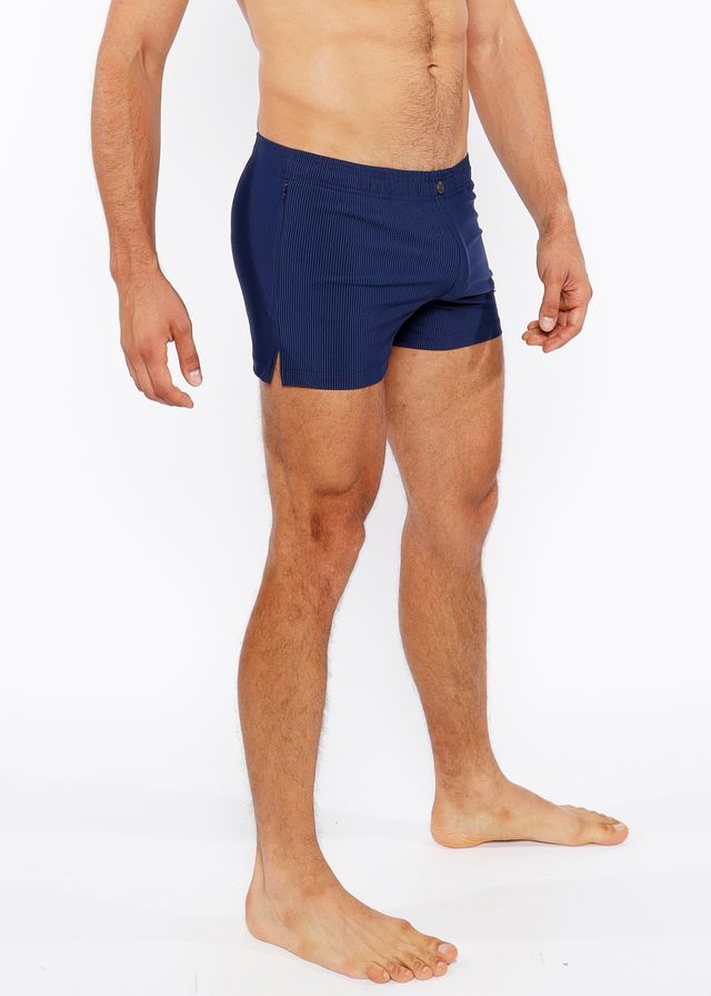 Navy blue pinstripe swim short with button closure at the waist made from quick-dry fabric for swimming