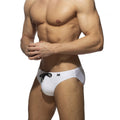 White men’s pique speedo swim trunks with black drawstring and mesh side panels for quick drying and comfort