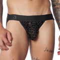Black jockstrap with a sheer leopard-print mesh pouch and a branded elastic waistband.