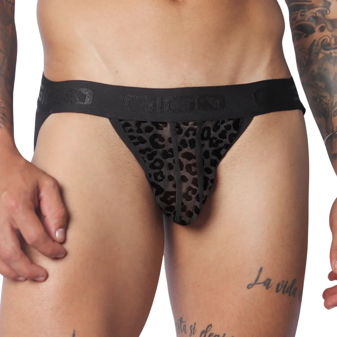 Black jockstrap with a sheer leopard-print mesh pouch and a branded elastic waistband.