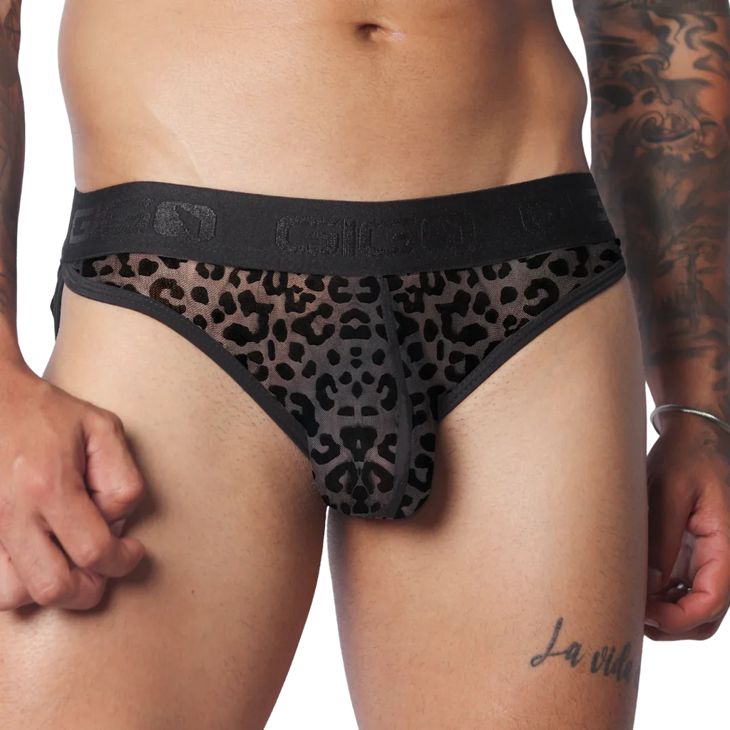 Sheer, charcoal grey leopard-print plush brief with a wide, black elastic waistband featuring the GIGO logo.