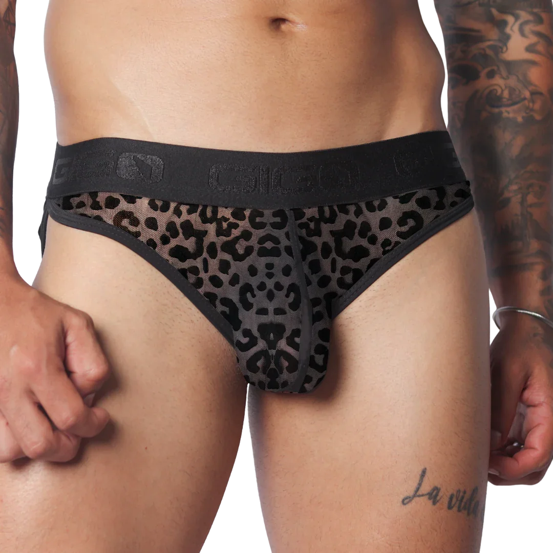 Sheer, charcoal grey leopard-print plush brief with a wide, black elastic waistband featuring the GIGO logo.