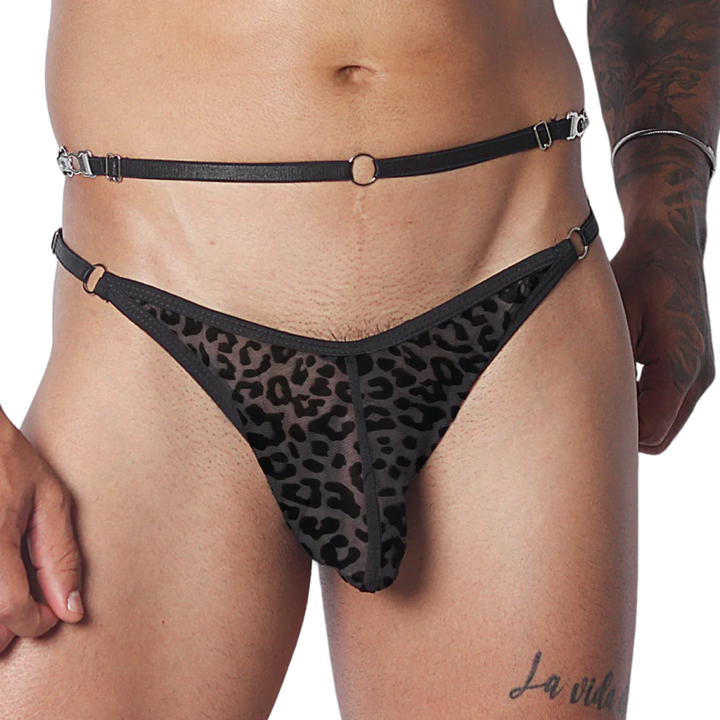 Sheer black leopard-print jockstrap featuring a thin waist belt, metal hardware rings, and adjustable closures.