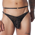 Sheer black leopard-print jockstrap featuring a thin waist belt, metal hardware rings, and adjustable closures.