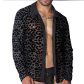 Black sheer leopard print button-down shirt with a classic collar and long sleeves.
