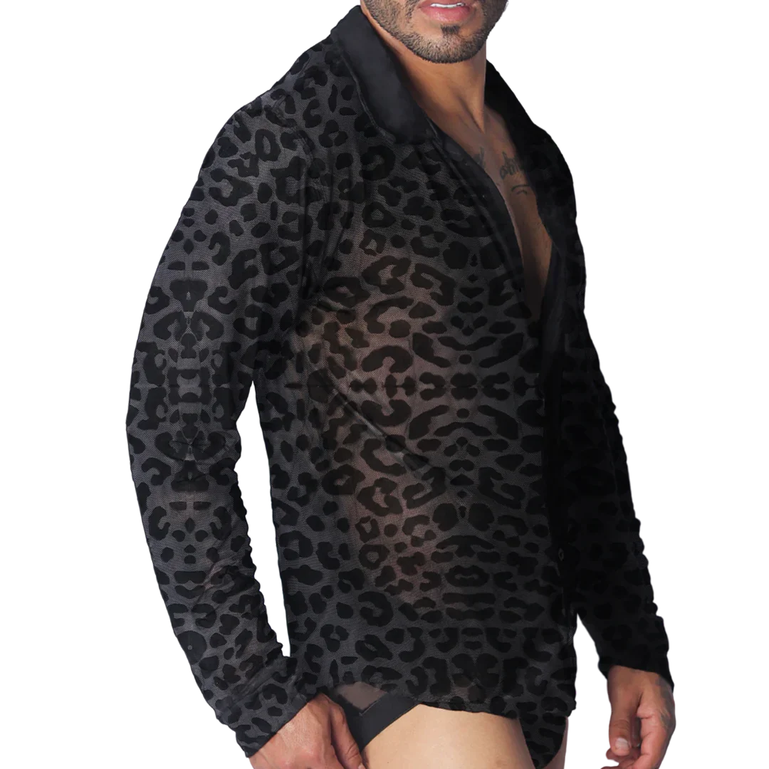 Sheer black button-down shirt with a tonal leopard print pattern, long sleeves, and a solid black collar.