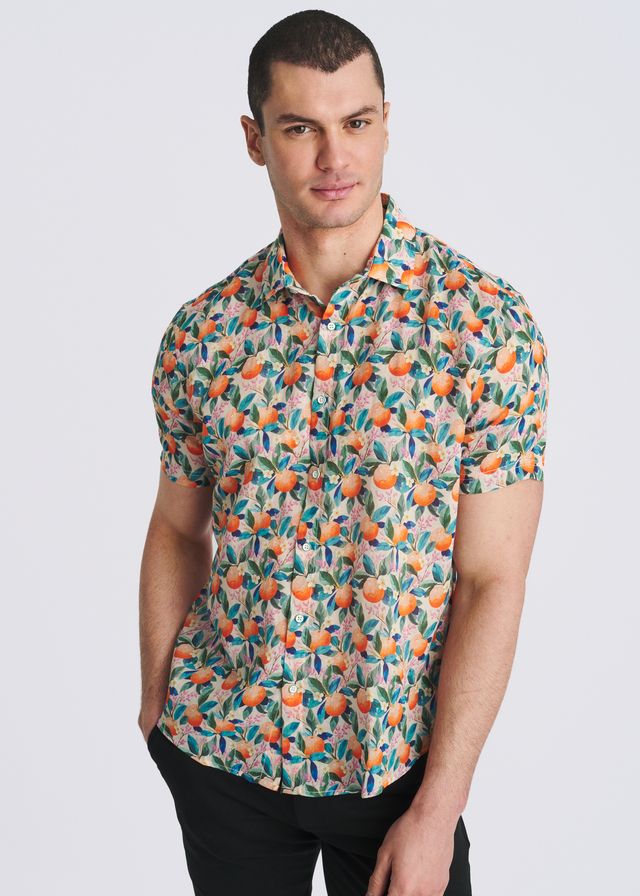 POSTMARC Orange Print S/S Linen Tencel Shirt - Orange/Teal Fruits