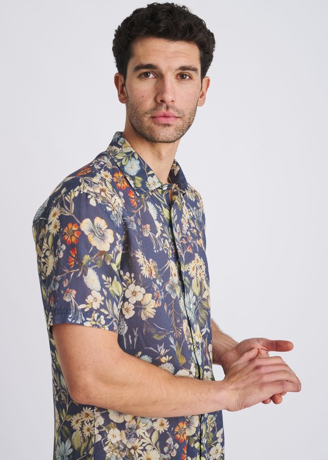 POSTMARC Men's Blooms Print S/S Linen Tencel Shirt - Navy/Seacrest