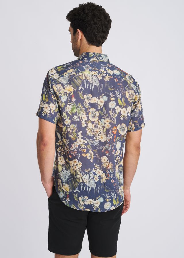 POSTMARC Men's Blooms Print S/S Linen Tencel Shirt - Navy/Seacrest