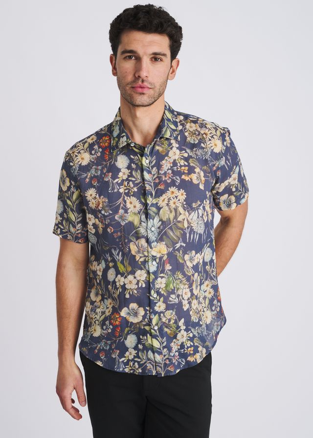 POSTMARC Men's Blooms Print S/S Linen Tencel Shirt - Navy/Seacrest