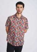 POSTMARC Men's Leaves Print S/S Linen Tencel Shirt - Navy/Sage Leaves