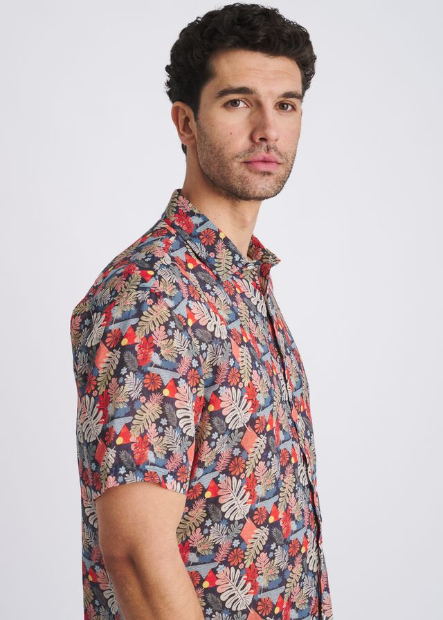 POSTMARC Men's Leaves Print S/S Linen Tencel Shirt - Navy/Sage Leaves