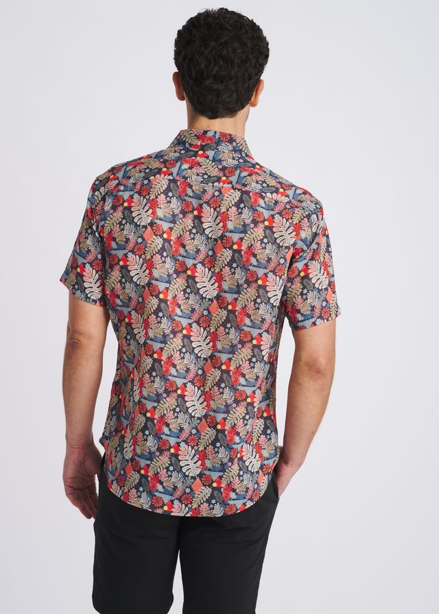 POSTMARC Men's Leaves Print S/S Linen Tencel Shirt - Navy/Sage Leaves