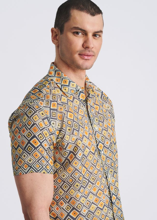 POSTMARC Men's Diamonds Lightweight Cotton Silk S/S Shirt - Gold/Navy Diamonds