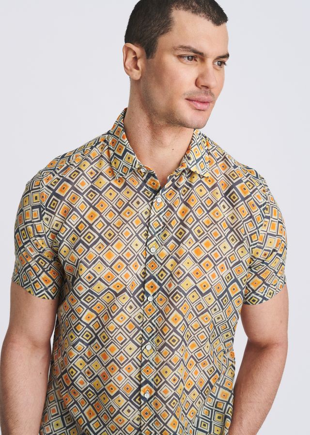 POSTMARC Men's Diamonds Lightweight Cotton Silk S/S Shirt - Gold/Navy Diamonds